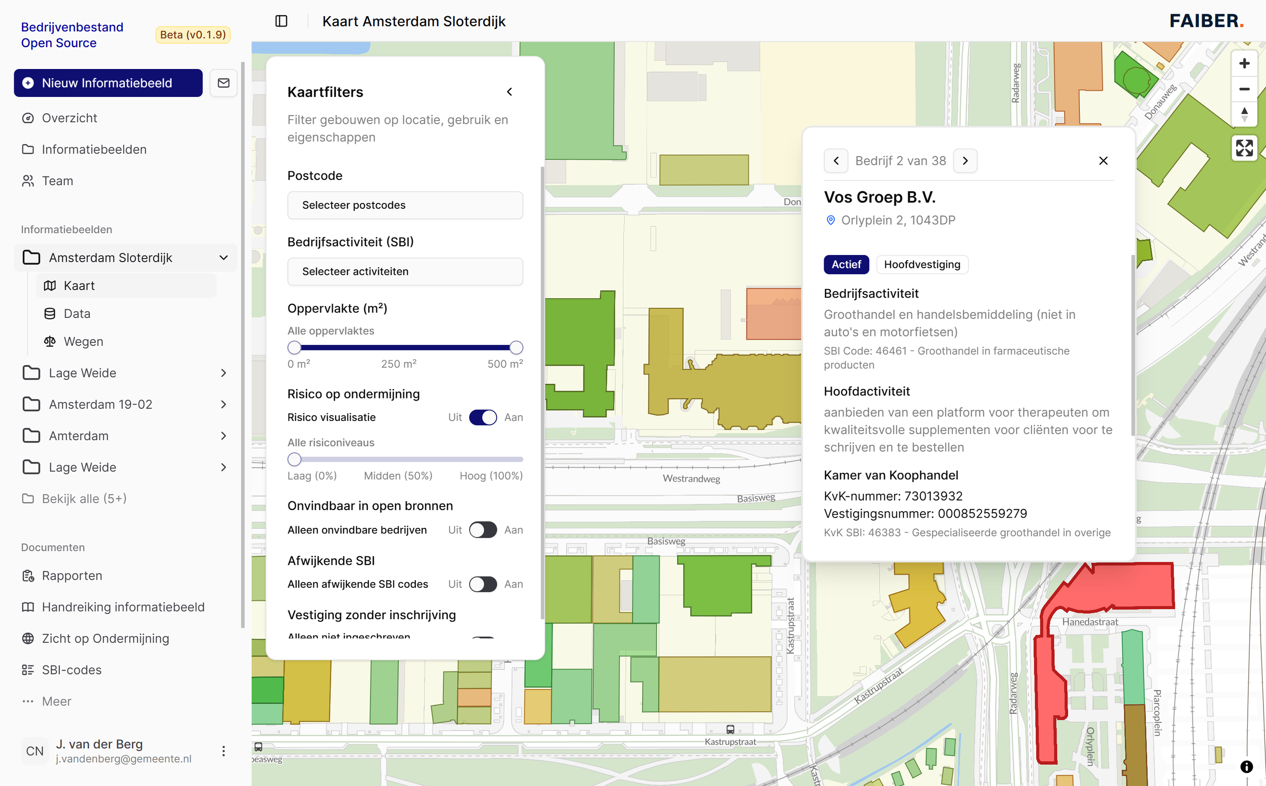 BOS kaartweergave van Amsterdam Sloterdijk met bedrijfsfilters en detailpaneel